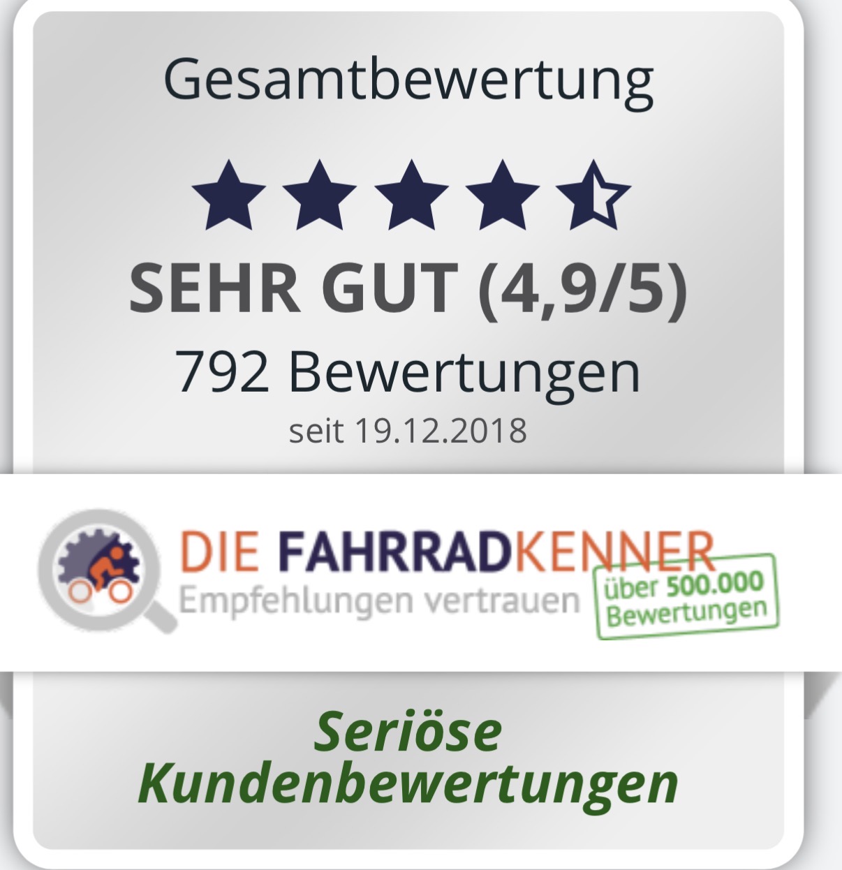 Bewertungsbanner in Grau und Gruen mit 4 9 Sternen und 792 Bewertungen