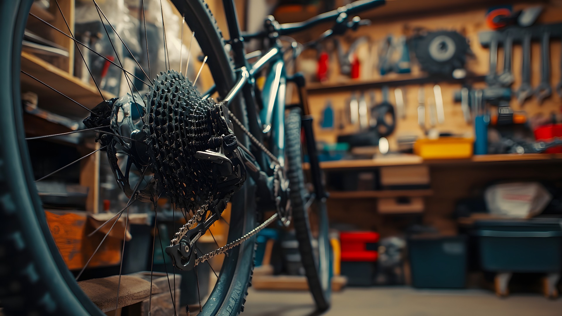 Ein Fahrradmechaniker, der in einer Garage, in der verschiedene Werkzeuge an den Wänden hängen, ein Mountainbike repariert.
