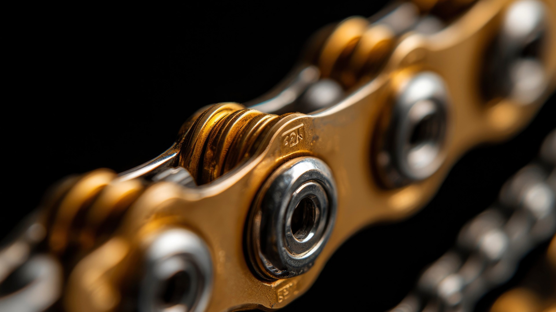 Nahaufnahme einer goldenen Fahrradkette, die ihre Glieder vor schwarzem Hintergrund hervorhebt